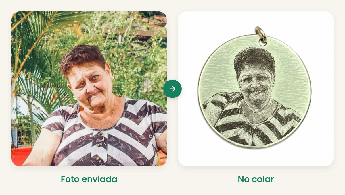 A foto que a cliente mandou e o colar gravado a partir dela